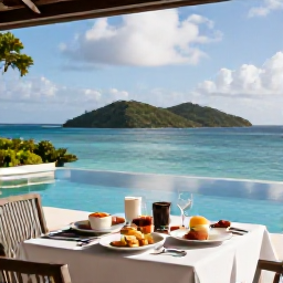 Caribbean Holidays, January Honeymoons, Romantic luxury villa terrace overlooking calm blue water and green Caribbean islands, breakfast for two in the foreground