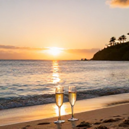 Caribbean Holidays, January Honeymoons, Romantic Martinique beach at sunset with two glasses of champagne, soft golden light and calm Caribbean water