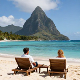 Caribbean Holidays, January Honeymoons, Romantic Saint Lucia beach with two sun loungers, turquoise water, tropical vegetation and a couple enjoying a peaceful January afternoon