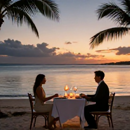 Caribbean Holidays, January Honeymoons, Romantic sunset dinner for two on a Caribbean beach, candles, elegant table setting, calm sea and palm silhouettes