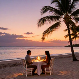 Caribbean Holidays, January Honeymoons, Romantic sunset dinner for two on a Grenada beach, softly lit table, palm trees and Caribbean sea