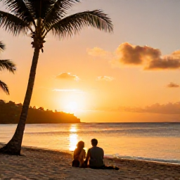 Caribbean Holidays, January Honeymoons, Romantic sunset over Magens Bay in St Thomas, couple sitting together on the sand, palm trees and glowing orange sky