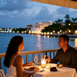 Caribbean Holidays, January Honeymoons, Romantic waterfront restaurant in Grand Case with a couple enjoying a candlelit Caribbean dinner