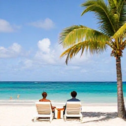 Caribbean Holidays, January Honeymoons, Romantic white-sand beach in Barbados with two sun loungers, turquoise water, palm trees and a couple enjoying a quiet afternoon