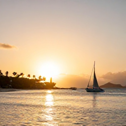Caribbean Holidays, January Hotspots, Golden sunset over Simpson Bay Lagoon in Saint Martin and Sint Maarten, with sailing boats, palm trees and soft evening light