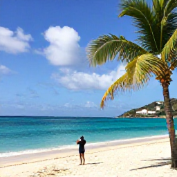 Caribbean Holidays, January Hotspots, Turquoise water and pale sand at Mullet Bay Beach, Saint Martin, with palm trees and a visitor photographing the coastline