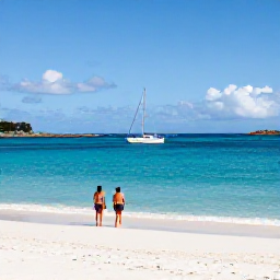 Caribbean Holidays, January in Tortola, Quiet white-sand beach on Tortola with turquoise water, sailing boats and a couple enjoying the January sunshine