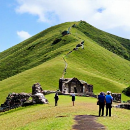 Caribbean Holidays, January in Tortola, Visitors exploring the historic Mount Healthy National Park ruins surrounded by green hills on Tortola