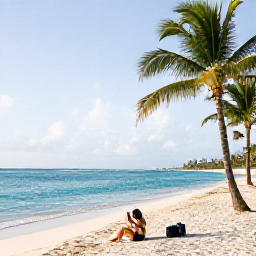 Caribbean Holidays, January Instagram Hotspots, A bright January morning at Punta Cana beach in the Dominican Republic, turquoise sea, white sand, palm trees and a traveller taking a relaxed beach photograph