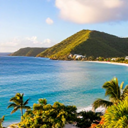 Caribbean Holidays, January Instagram Hotspots, A bright January morning overlooking the turquoise sea and green hills of St Thomas in the US Virgin Islands