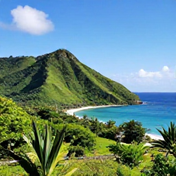 Caribbean Holidays, January Instagram Hotspots, A Caribbean viewpoint overlooking lush green hills, a bright blue sea and a small bay beneath a clear January sky