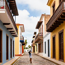 Caribbean Holidays, January Instagram Hotspots, A colourful colonial street in Santo Domingo's Zona Colonial, historic buildings, cobbled pavement, balconies and a visitor photographing the scene
