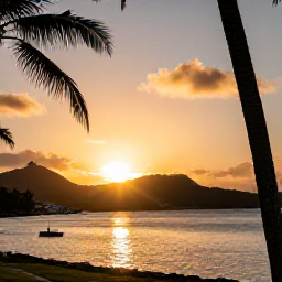 Caribbean Holidays, January Instagram Hotspots, A dramatic Caribbean sunset over the harbour and hills of Cruz Bay, St John, with palm silhouettes in the foreground