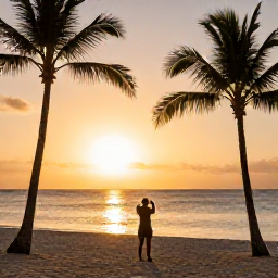 Caribbean Holidays, January Instagram Hotspots, A golden sunset over a Caribbean beach in the Dominican Republic, silhouettes of palm trees and a traveller capturing the view for social media