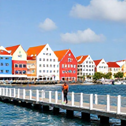 Caribbean Holidays, January Instagram Hotspots, A person walking across the floating Queen Emma Bridge in Willemstad with colourful buildings, boats and sunny Caribbean scenery behind them