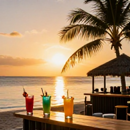 Caribbean Holidays, January Instagram Hotspots, A relaxed Caribbean beach bar at sunset with colourful drinks, palm silhouettes and golden light over calm water