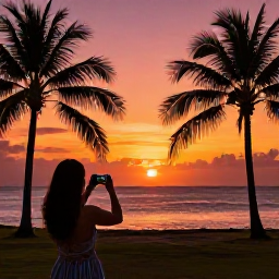 Caribbean Holidays, January Instagram Hotspots, A traveller photographing a vivid Caribbean sunset from an Antigua viewpoint, orange and pink sky over the sea and silhouetted palm trees