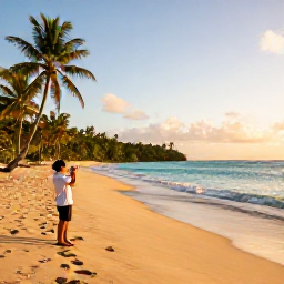 Caribbean Holidays, January Instagram Hotspots, A wide golden beach in Antigua at sunrise, turquoise Caribbean water, palm trees and a traveller taking a photograph