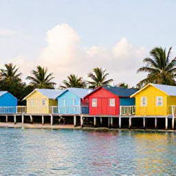 Caribbean Holidays, January Instagram Hotspots, Colourful beach huts and wooden buildings along a calm shoreline at Leeward Beach, Turks and Caicos, photographed in soft January sunshine