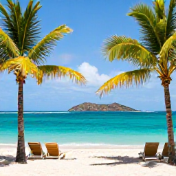 Caribbean Holidays, January Instagram Hotspots, Colourful beach scene at Cockleshell Bay, Saint Kitts, with turquoise water, palm trees, sun loungers and Nevis Island in the distance