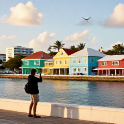 Caribbean Holidays, January Instagram Hotspots, Colourful Caribbean town with pastel houses, a waterfront promenade and a traveller photographing the scene in warm January sunshine