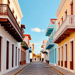 Caribbean Holidays, January Instagram Hotspots, Colourful colonial street in Santo Domingo's Zona Colonial, pastel buildings, cobbled pavement, balconies and warm January sunshine