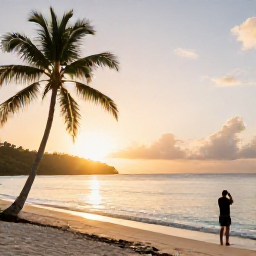 Caribbean Holidays, January Instagram Hotspots, Golden sunrise over a quiet Caribbean beach on Saint Vincent, with palm trees, calm turquoise water and a traveller taking a photo