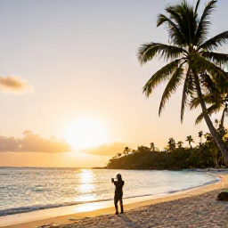 Caribbean Holidays, January Instagram Hotspots, Golden sunrise over Pigeon Point beach in Tobago, calm turquoise sea, palm trees and a traveller taking a photograph