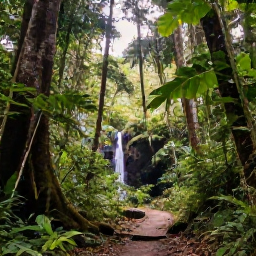 Caribbean Holidays, January Instagram Hotspots, Hiking trail through lush rainforest in Tobago, tall tropical trees, filtered sunlight and a small waterfall
