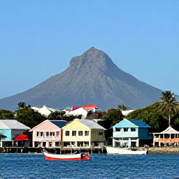 Caribbean Holidays, January Instagram Hotspots, Nevis Peak rising behind the waterfront at Charlestown, Nevis, with pastel buildings, fishing boats and a clear blue January sky