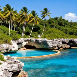 Caribbean Holidays, January Instagram Hotspots, Palm-lined natural pool at Hoyo Azul near Punta Cana, vivid blue water, rocky cliffs and tropical forest in clear daylight