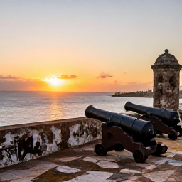 Caribbean Holidays, January Instagram Hotspots, Panoramic view from Fort King George over Scarborough and the Caribbean Sea at sunset, historic cannons and warm golden light