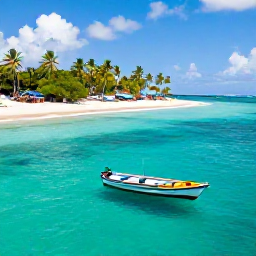 Caribbean Holidays, January Instagram Hotspots, Small colourful boat sailing across bright turquoise water near Bequia, with a sandy beach, palm trees and traditional Caribbean scenery