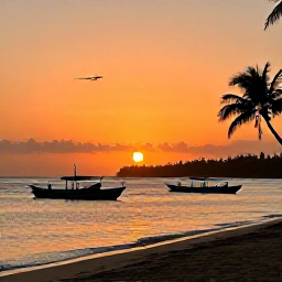 Caribbean Holidays, January Instagram Hotspots, Sunset at Bayahibe beach in the Dominican Republic, fishing boats on calm water, warm orange sky and palm silhouettes