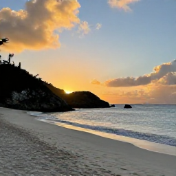 Caribbean Holidays, January Instagram Hotspots, Sunset over Anse de Gouverneur in Saint Barth&eacute;lemy, empty white beach, rocky headland and golden January light