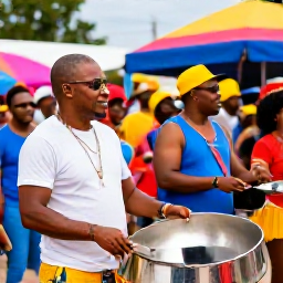 Caribbean Holidays, January Instagram Hotspots, Traditional steelpan musicians performing outdoors in Trinidad, colourful carnival atmosphere, smiling crowd and vibrant costumes