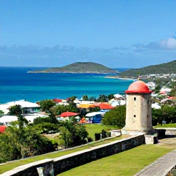 Caribbean Holidays, January Instagram Hotspots, View from Fort Charlotte above Kingstown, showing the Caribbean Sea, green hills, colourful town and distant islands in clear January weather