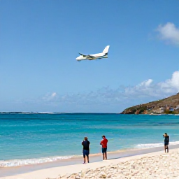 Caribbean Holidays, January Instagram Spots, A bright January morning at Maho Beach on the Sint Maarten side, with a passenger jet flying low above the sandy beach and turquoise sea, travellers taking photographs