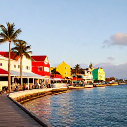 Caribbean Holidays, January Instagram Spots, A golden January evening at Philipsburg Boardwalk in Sint Maarten, with colourful buildings, palm trees, calm sea, restaurants and holidaymakers enjoying the waterfront