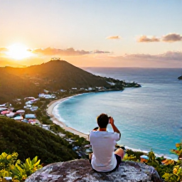 Caribbean Holidays, January Instagram Spots, A panoramic January sunset viewpoint over the turquoise bays, green hills and colourful coastline of Saint Martin and Sint Maarten, with a traveller photographing the view