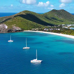 Caribbean Holidays, January Instagram Spots, Aerial-style view of Jost Van Dyke with bright blue sea, anchored boats, sandy beach and green Caribbean hills