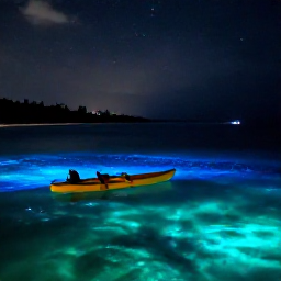 Caribbean Holidays, January Instagram Spots, Colourful bioluminescent bay at night with glowing blue-green water and a small kayak, Puerto Rico