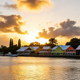 Caribbean Holidays, January Instagram Spots, Golden sunrise over Basseterre harbour and colourful Caribbean buildings on Saint Kitts in January