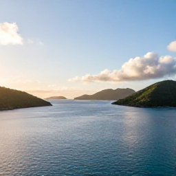 Caribbean Holidays, January Instagram Spots, Panoramic sunrise over the British Virgin Islands with calm turquoise water, green hills and a small sailboat