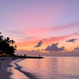 Caribbean Holidays, January Instagram Spots, Sunset over Grace Bay in the Turks and Caicos Islands, pastel pink and orange sky reflected on calm water, silhouettes of palm trees and beach visitors