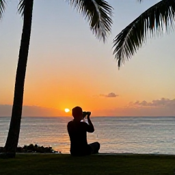 Caribbean Holidays, January Instagram Spots, Traveller taking a sunset photograph from a palm-fringed viewpoint overlooking the Caribbean Sea on Saint Kitts