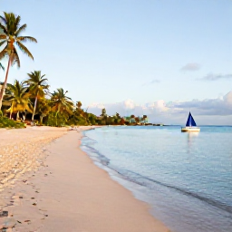 Caribbean Holidays, January Island Hopping, A bright January morning at a Martinique beach, with calm turquoise water, soft golden sand, palm trees and a small sailing boat