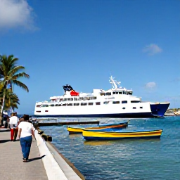 Caribbean Holidays, January Island Hopping, A Caribbean harbour with an inter-island ferry, colourful local boats, palm trees and travellers beginning a multi-country holiday