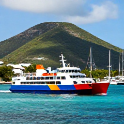 Caribbean Holidays, January Island Hopping, A colourful Caribbean ferry arriving at Road Town harbour in Tortola, with green hills and yachts in the background