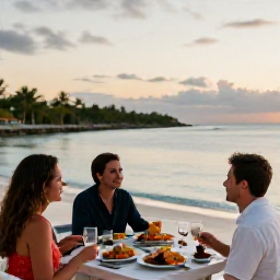 Caribbean Holidays, January Island Hopping, A couple relaxing at a beachfront restaurant in The Bahamas at sunset, with local seafood, soft evening light and calm sea